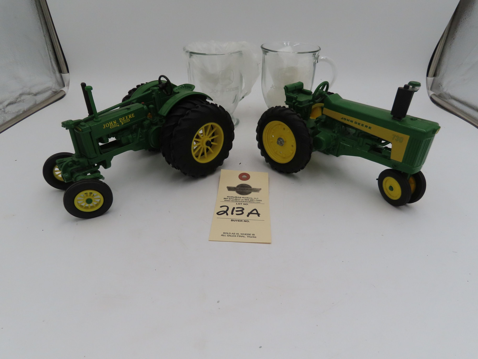 Ertl 1/16th Scale Die-Cast John Deere BW and John Deere 730 and pair of Glass John Deere Mugs with Edtching and No Box - Image 1