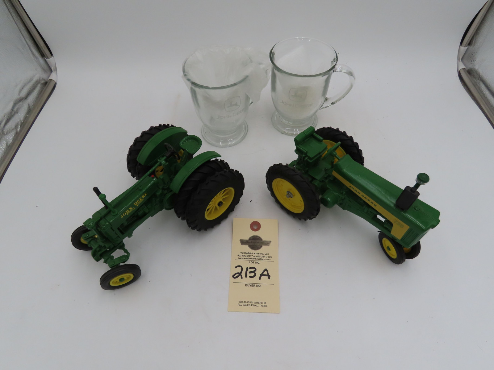 Ertl 1/16th Scale Die-Cast John Deere BW and John Deere 730 and pair of Glass John Deere Mugs with Edtching and No Box - Image 2