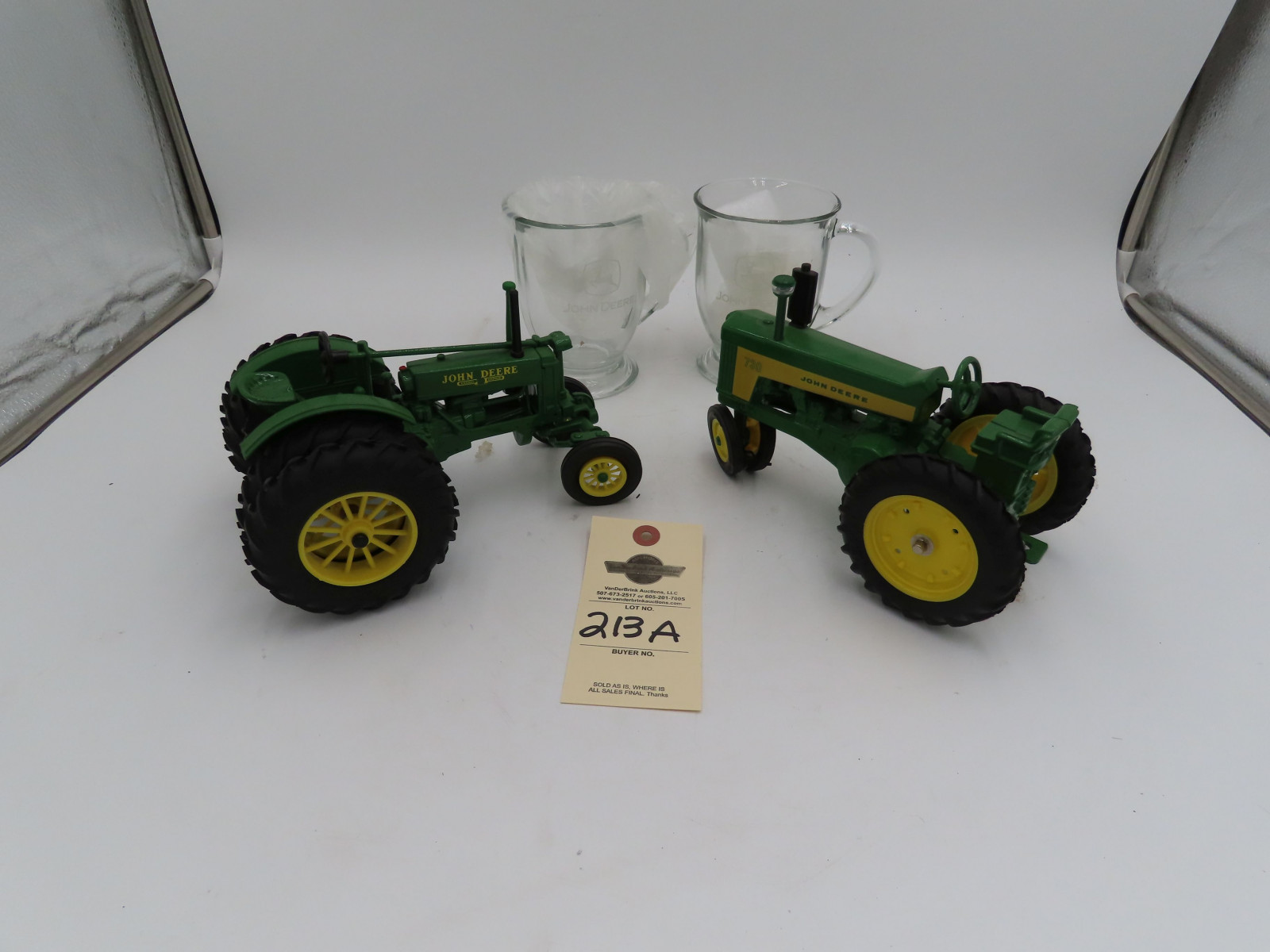 Ertl 1/16th Scale Die-Cast John Deere BW and John Deere 730 and pair of Glass John Deere Mugs with Edtching and No Box - Image 3