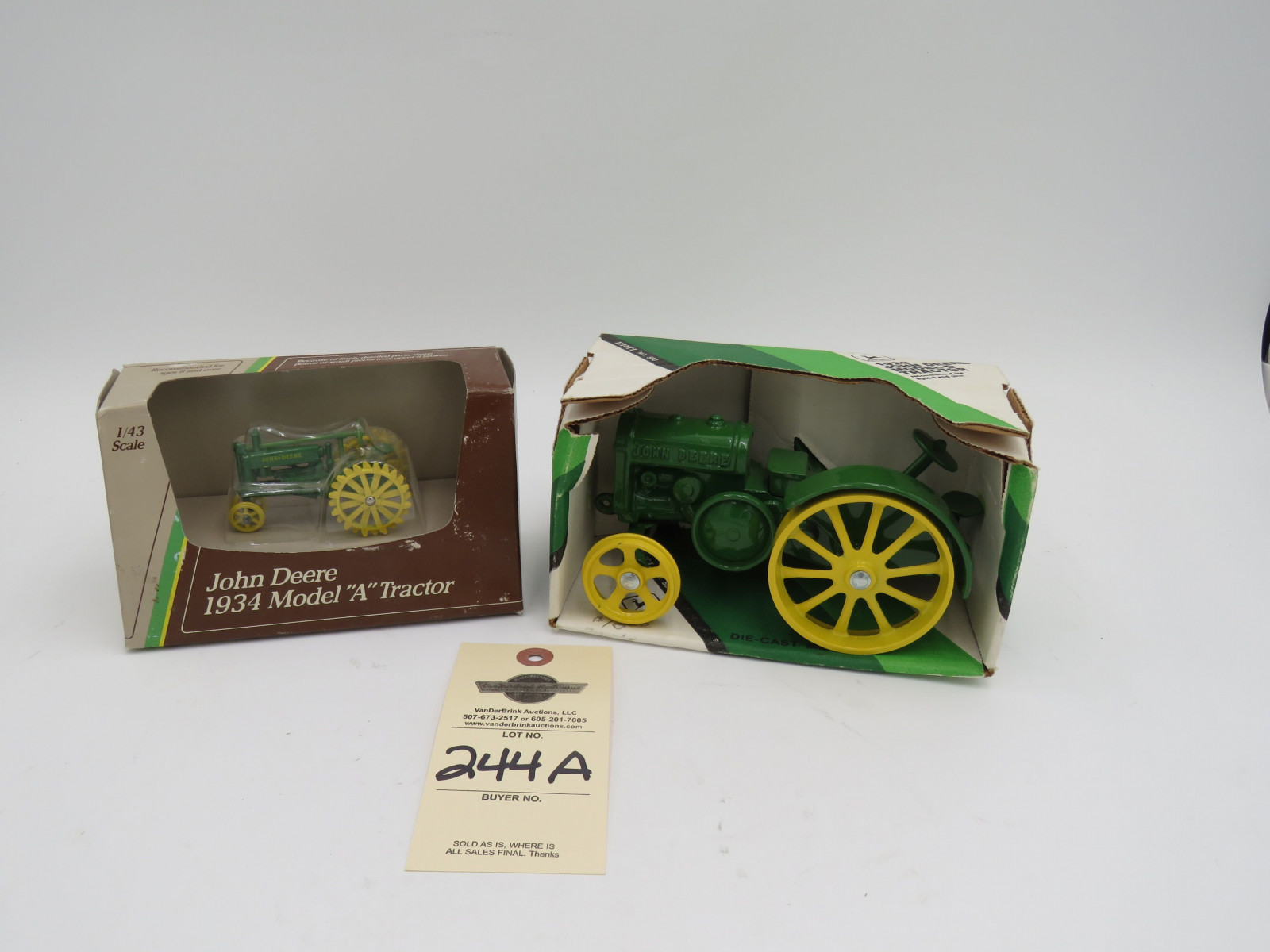 1988 Ertl for John Deere 1934 Model A Tractor 1/43 scale Metal Die-Cast NIB and Ertl John Deere 1923 Model D Tractor Die cast Metal No.500 NIB Made in USA sold as a pair - Image 1
