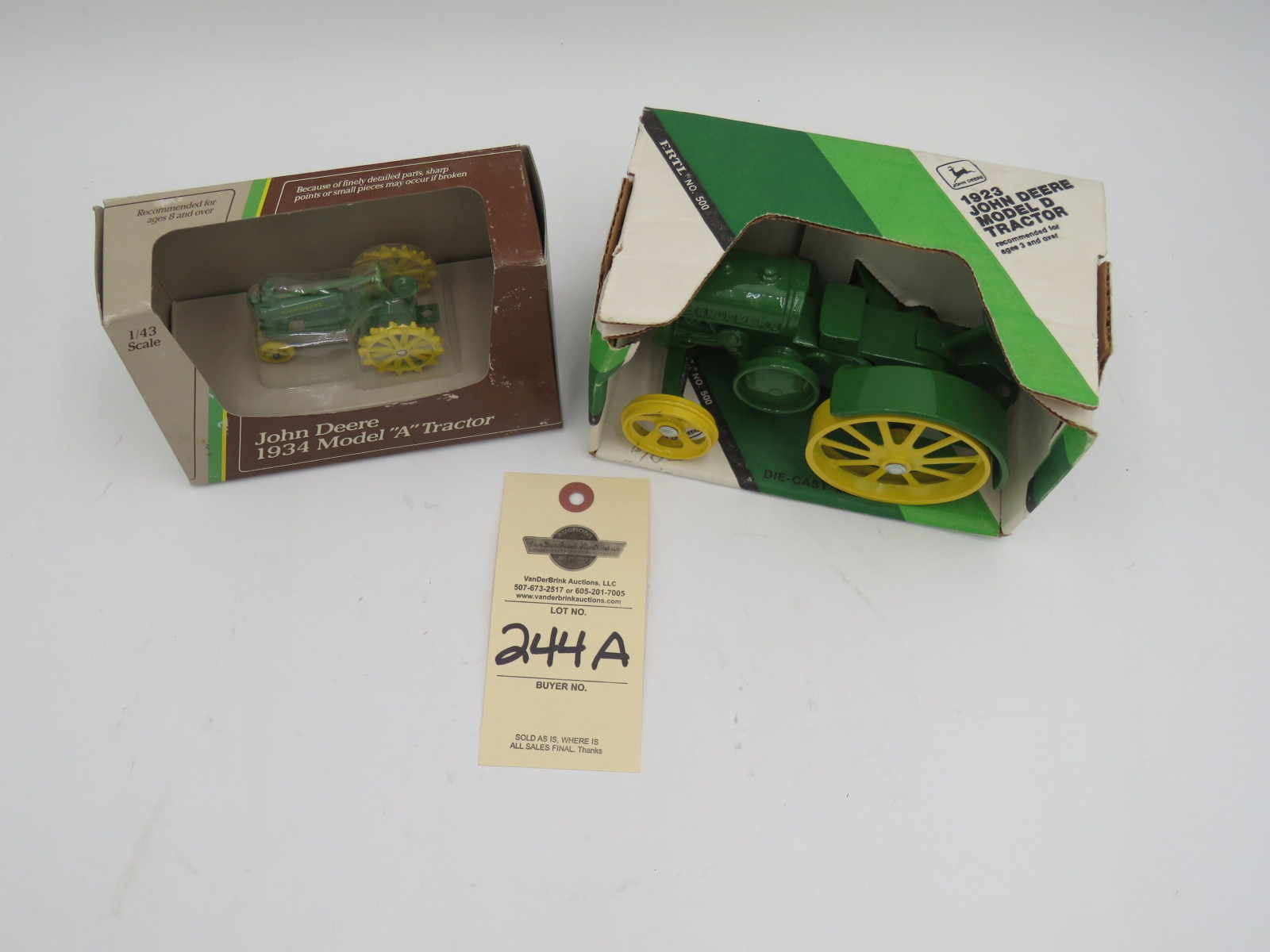 1988 Ertl for John Deere 1934 Model A Tractor 1/43 scale Metal Die-Cast NIB and Ertl John Deere 1923 Model D Tractor Die cast Metal No.500 NIB Made in USA sold as a pair - Image 2