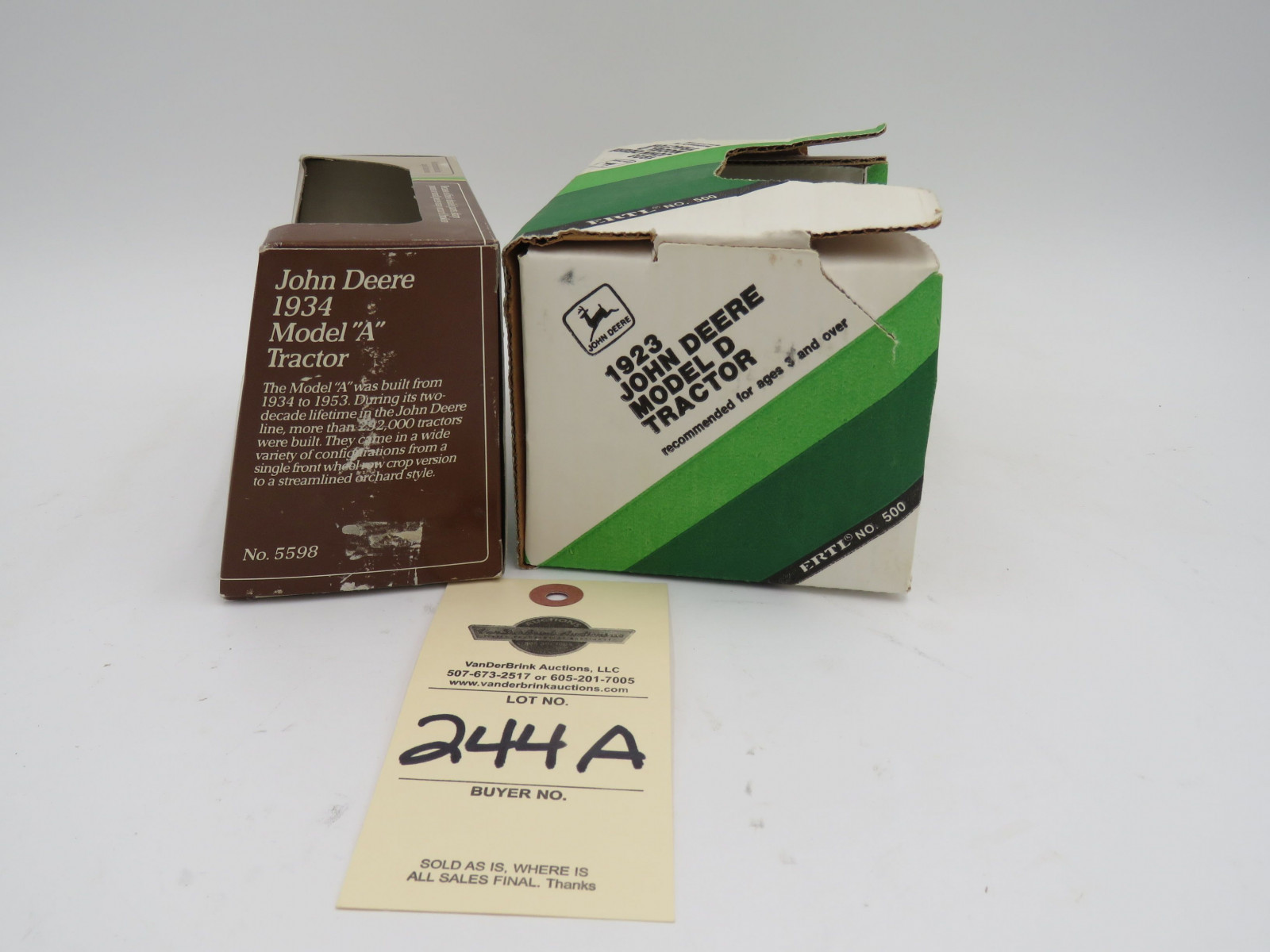 1988 Ertl for John Deere 1934 Model A Tractor 1/43 scale Metal Die-Cast NIB and Ertl John Deere 1923 Model D Tractor Die cast Metal No.500 NIB Made in USA sold as a pair - Image 4