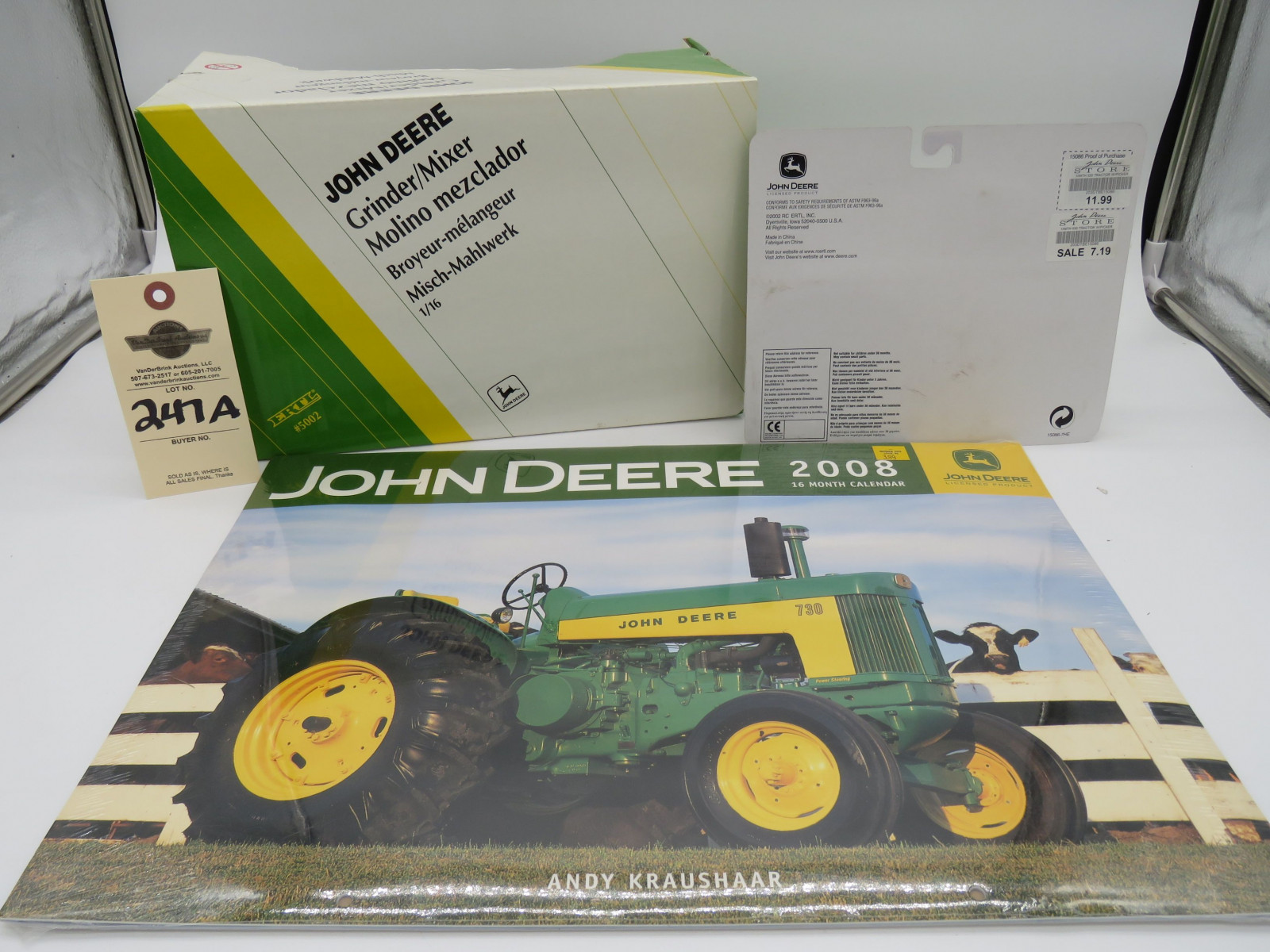 1998 Ertl John Deere Grinder/Mixer 1/16 Scale NIB #5002 and 2002 Ertl John Deere 630 Tractor Metal Die cast 1/64 Scale NIB and 2008 John Deere 16 month calender never been opened. Sold as a group of 3. - Image 3