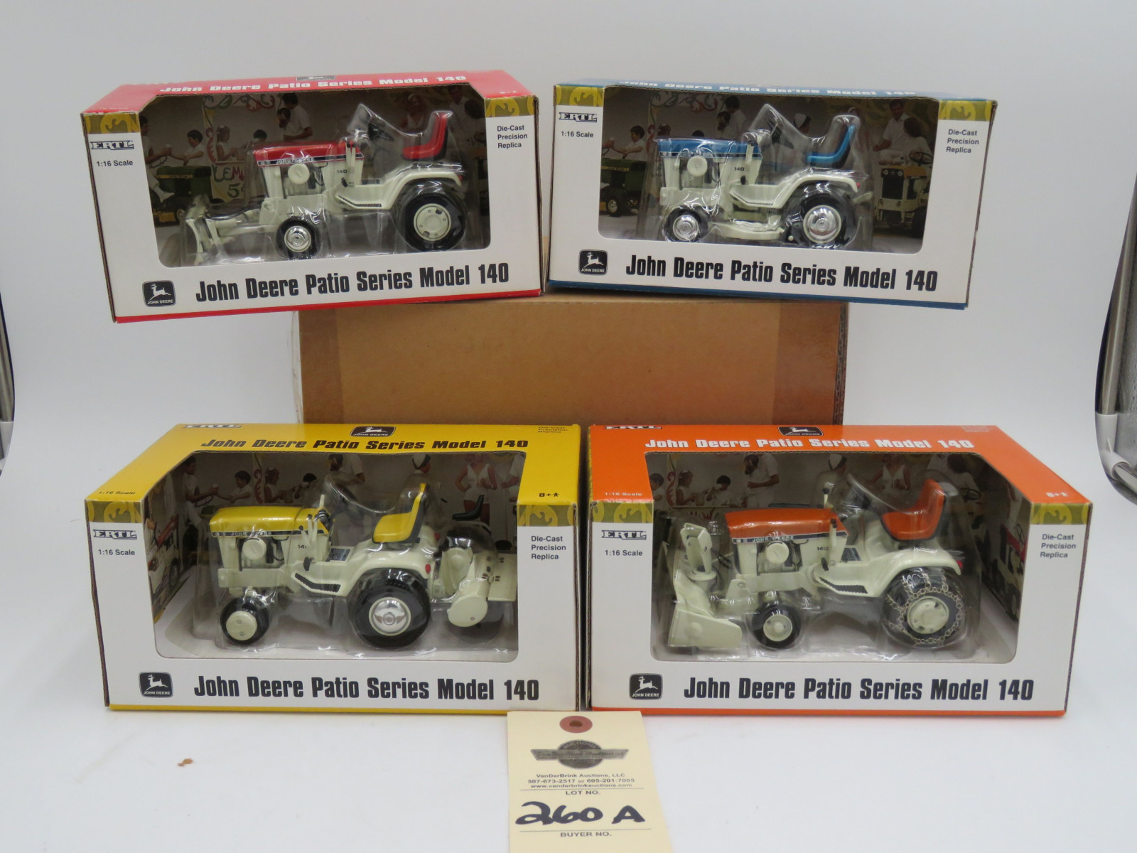 2004 Ertl John Deere Patio Series Model 140 1:16 scale Die Cast Snowblower NIB. 2004 John Deere Series Model 140 Ertl with plow 1:16  Scale NIB.2004 John Deere Patio Series Model 140 Mower Ertl 1:16 scale NIB. 2004 Ertl  John Deere Series Model 140 with rear tiller 1:16 scale NIB. Sold as a group of 4. All metal die-cast. - Image 1
