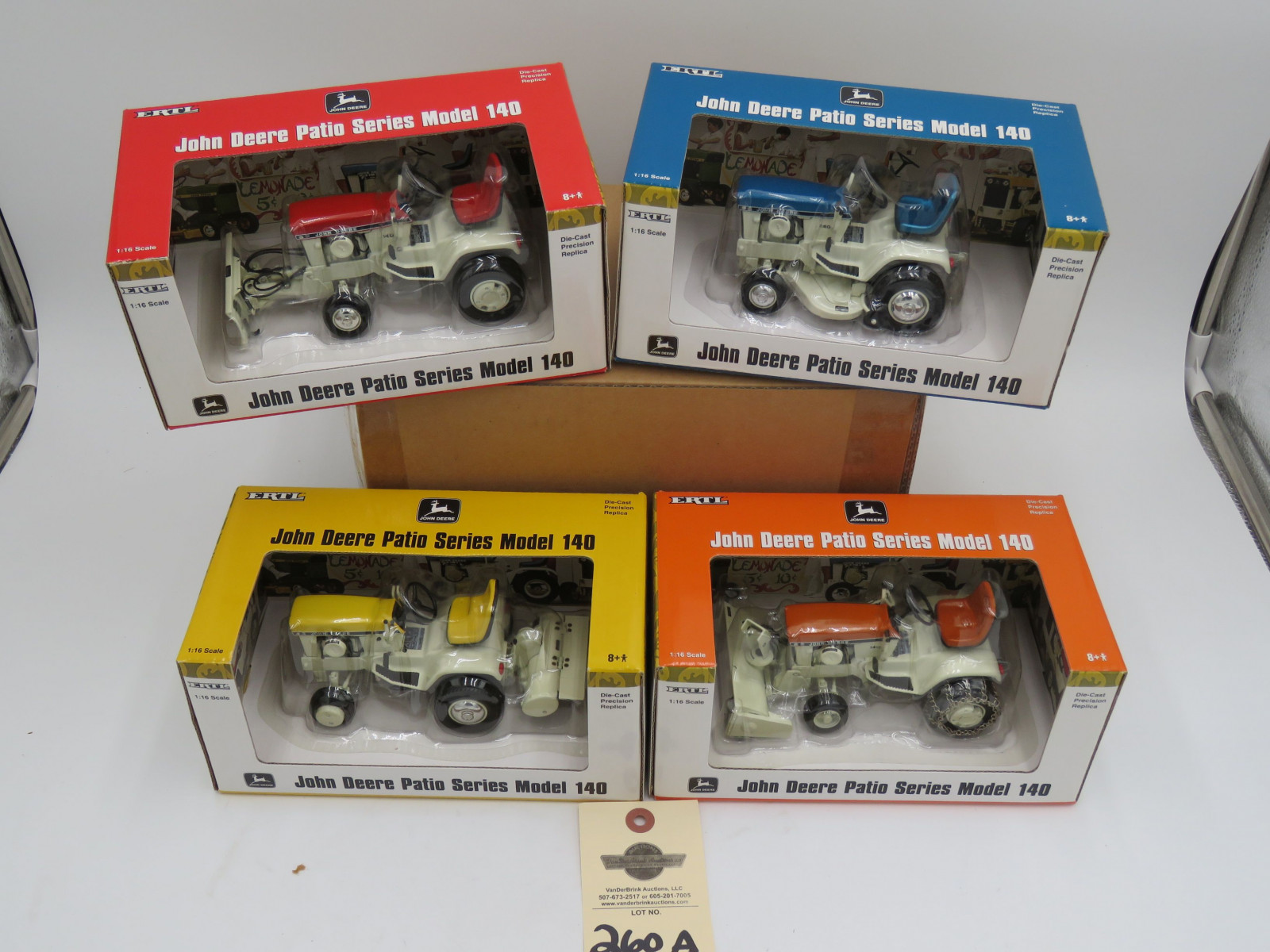 2004 Ertl John Deere Patio Series Model 140 1:16 scale Die Cast Snowblower NIB. 2004 John Deere Series Model 140 Ertl with plow 1:16  Scale NIB.2004 John Deere Patio Series Model 140 Mower Ertl 1:16 scale NIB. 2004 Ertl  John Deere Series Model 140 with rear tiller 1:16 scale NIB. Sold as a group of 4. All metal die-cast. - Image 2