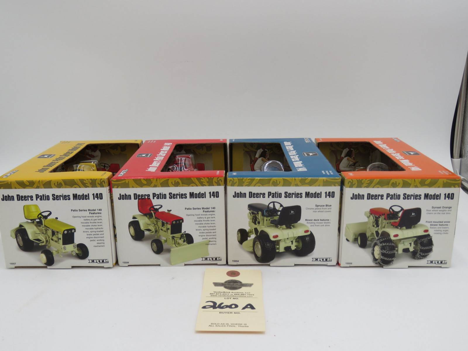 2004 Ertl John Deere Patio Series Model 140 1:16 scale Die Cast Snowblower NIB. 2004 John Deere Series Model 140 Ertl with plow 1:16  Scale NIB.2004 John Deere Patio Series Model 140 Mower Ertl 1:16 scale NIB. 2004 Ertl  John Deere Series Model 140 with rear tiller 1:16 scale NIB. Sold as a group of 4. All metal die-cast. - Image 4