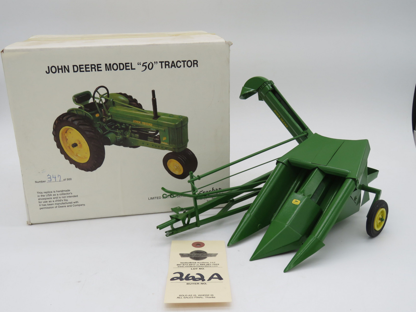 1997 Limited Edition series by Stephan MFG John Deere Model 50 Tractor number 347 of 500. NIB Die Cast. John Deere Corn picker pull type metal die cast no box. Sold as a pair - Image 1
