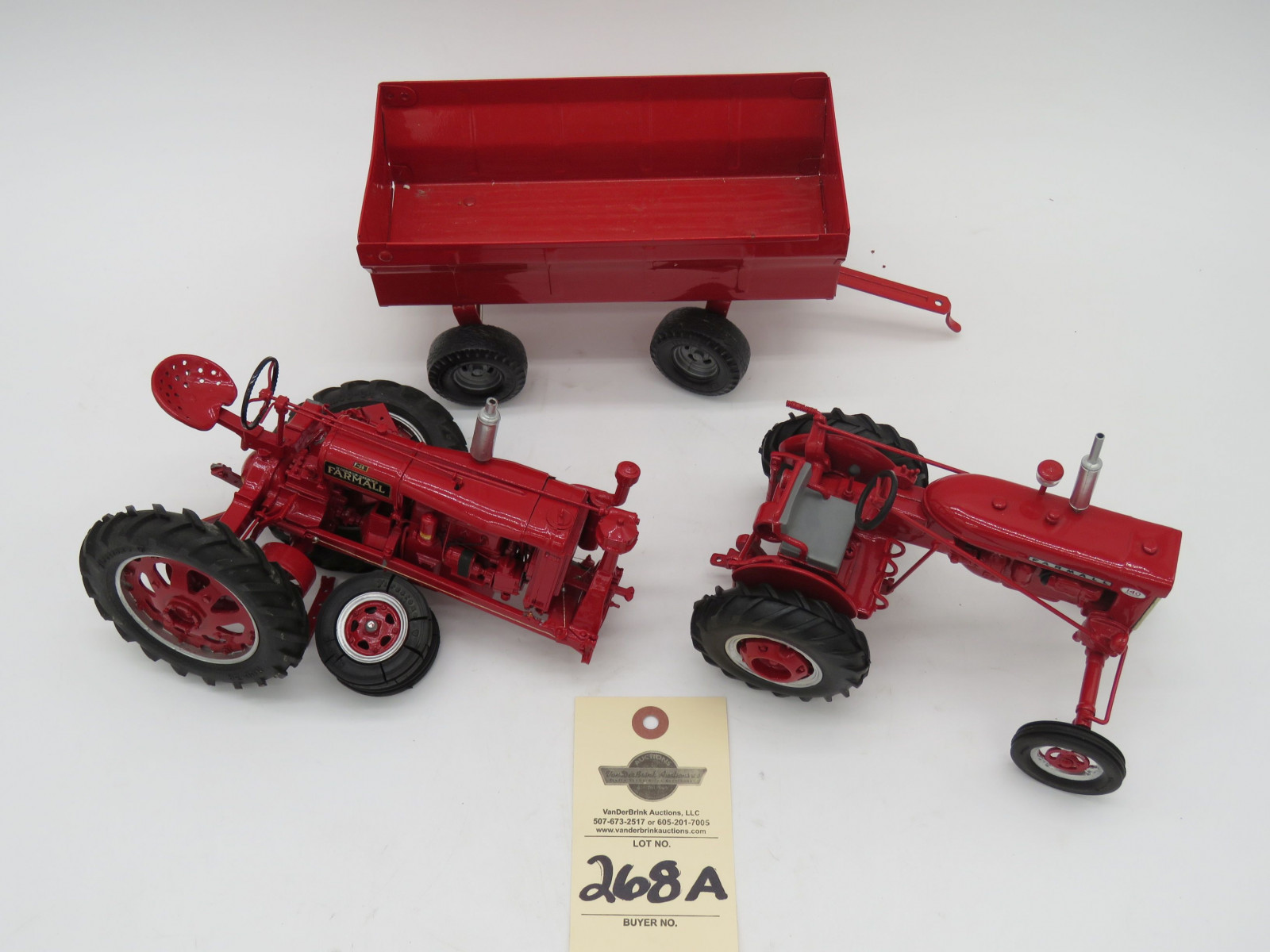 Metal Ertl red wagon metal die-cast. Farmall 140 metal diecast tractor. Broke Farmall F-20  tractor in a horrible accident. Sold as a lot of 3. - Image 2