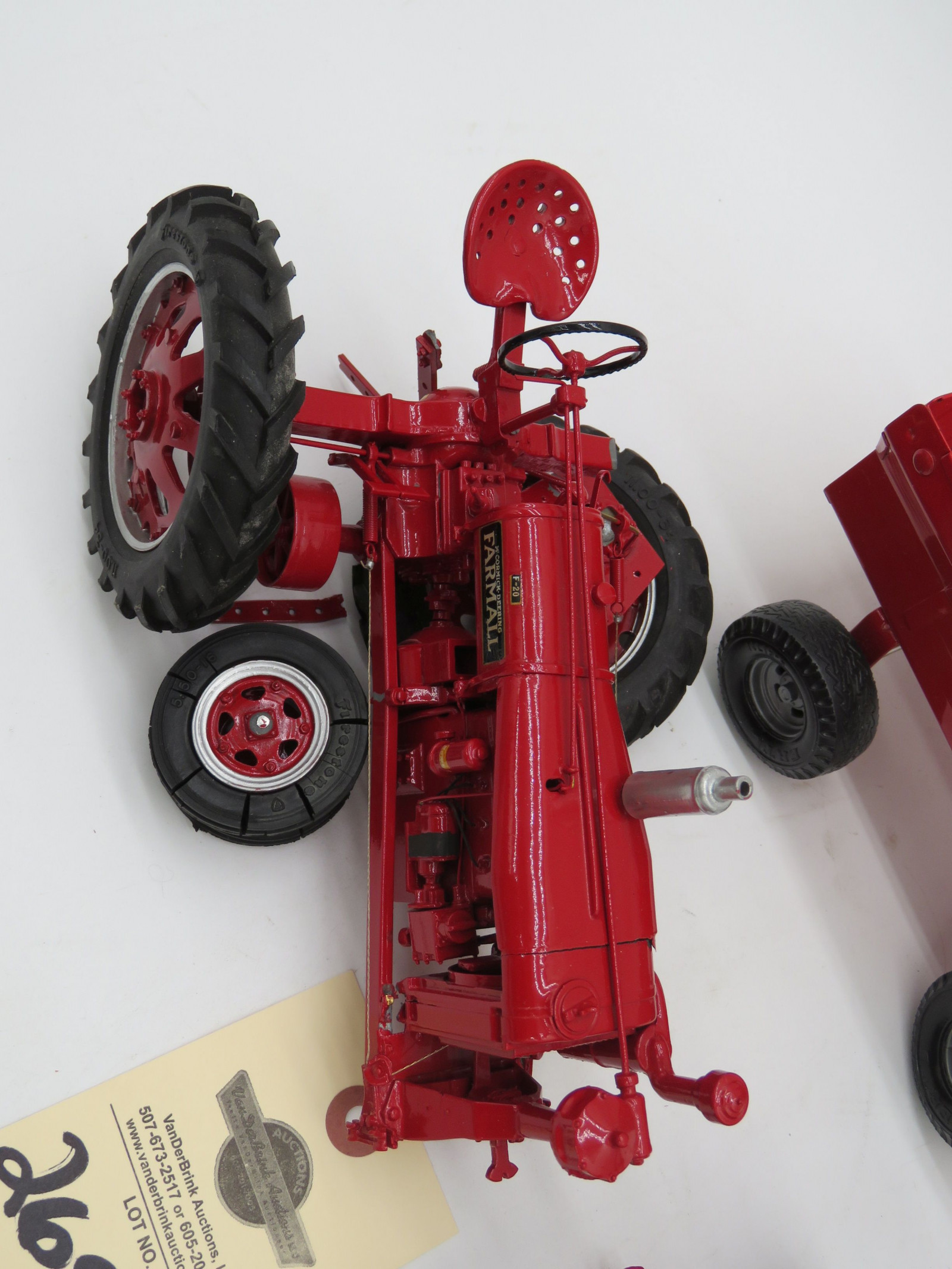 Metal Ertl red wagon metal die-cast. Farmall 140 metal diecast tractor. Broke Farmall F-20  tractor in a horrible accident. Sold as a lot of 3. - Image 3