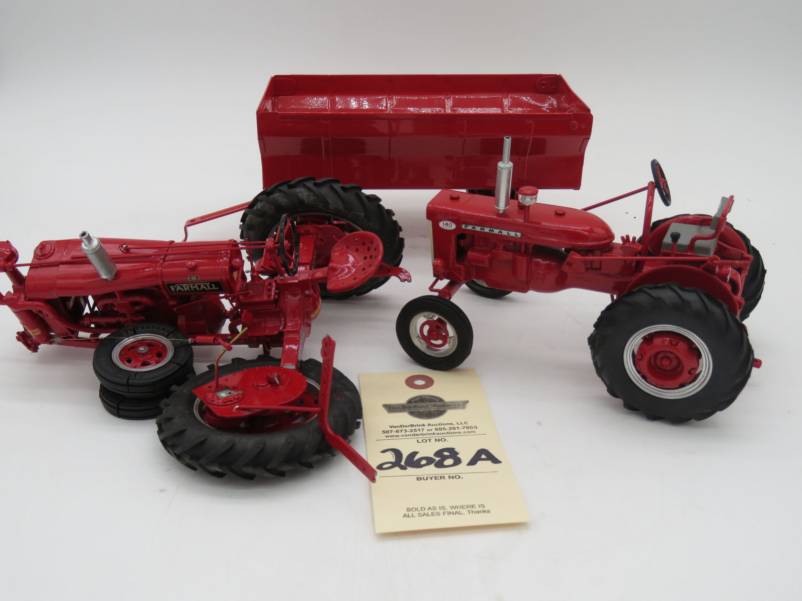 Metal Ertl red wagon metal die-cast. Farmall 140 metal diecast tractor. Broke Farmall F-20  tractor in a horrible accident. Sold as a lot of 3. - Image 4