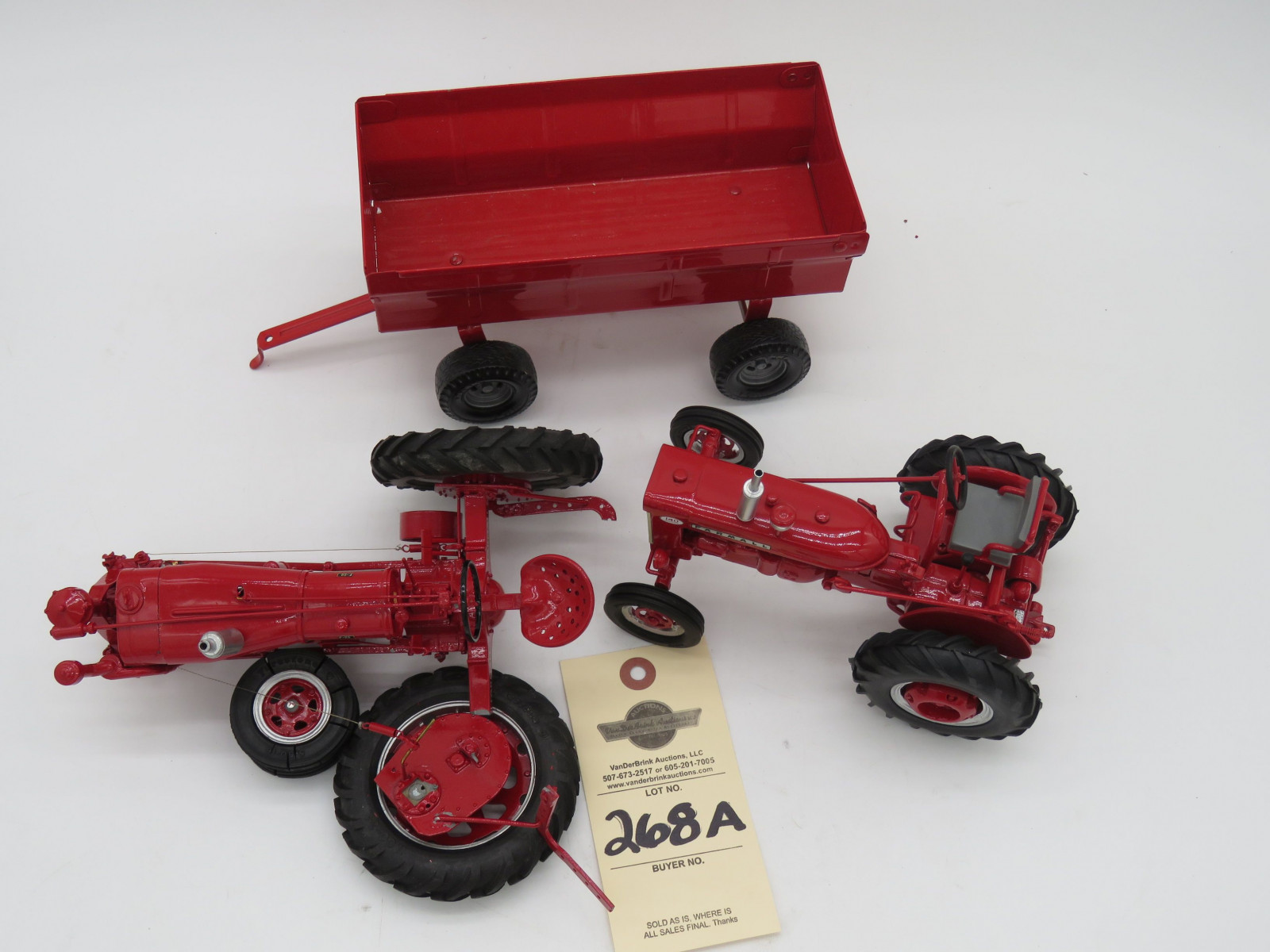 Metal Ertl red wagon metal die-cast. Farmall 140 metal diecast tractor. Broke Farmall F-20  tractor in a horrible accident. Sold as a lot of 3. - Image 5