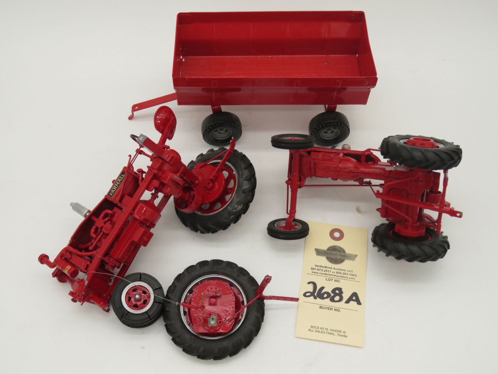 Metal Ertl red wagon metal die-cast. Farmall 140 metal diecast tractor. Broke Farmall F-20  tractor in a horrible accident. Sold as a lot of 3. - Image 6