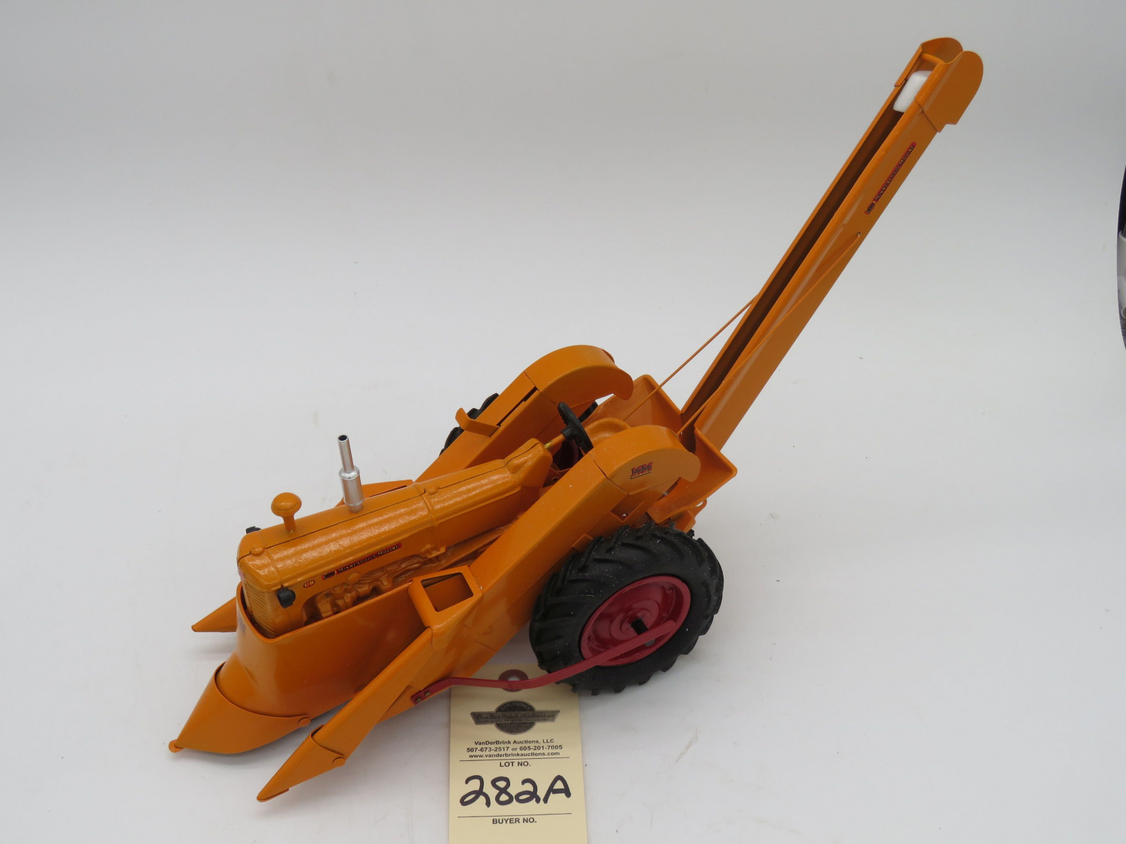 Minneapolis Moline UB with mounted picker custom build by Hernlan R. Metal diecast tractor. Orange with red accents. No box. - Image 3