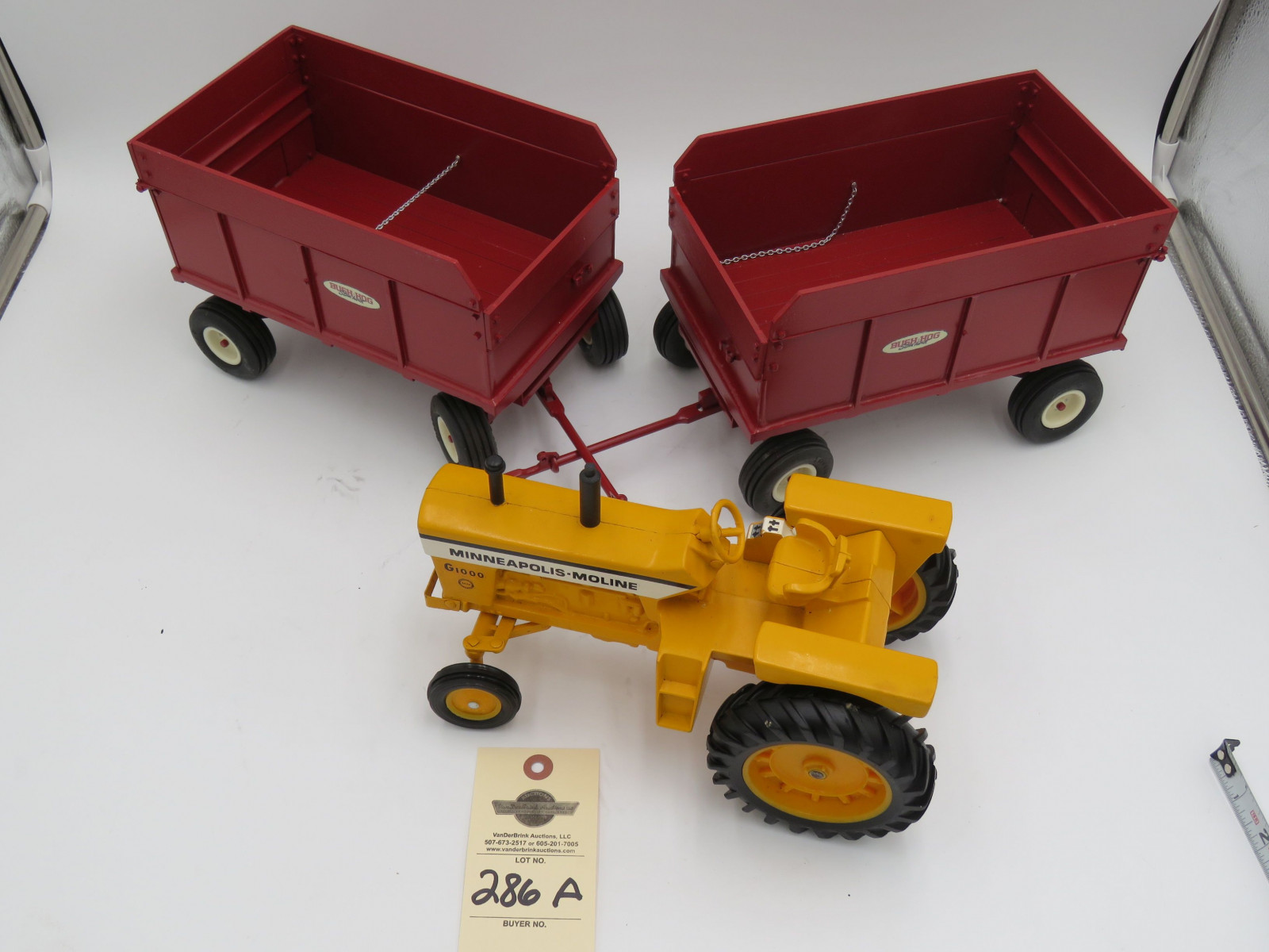 Minneapolis Moline G1000 Ertl metal die-cast tractor no box. 2 Bush Hog Stan Horst metal die cast wagons. No box. Sold as a set of 3. 1/16th Scale - Image 2