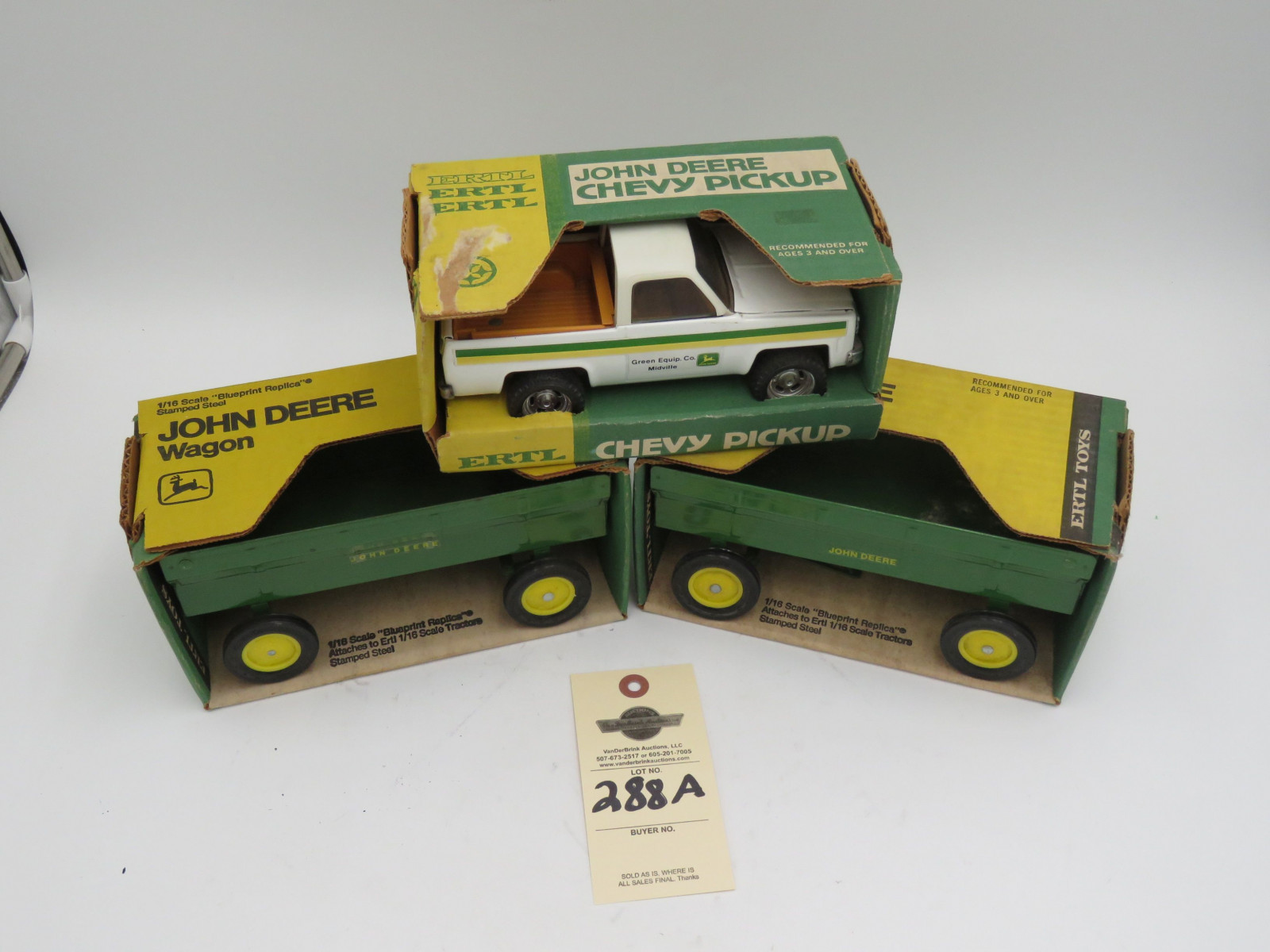 Ertl John Deere Chevy Pickup Steel Die-cast. Ertl John Deere Wagon 1/16 scale stamped steel die-cast wagon NIB. Ertl John Deere Stamped steel wagon 1/16 scale NIB. Sold as a lot of 3. - Image 2