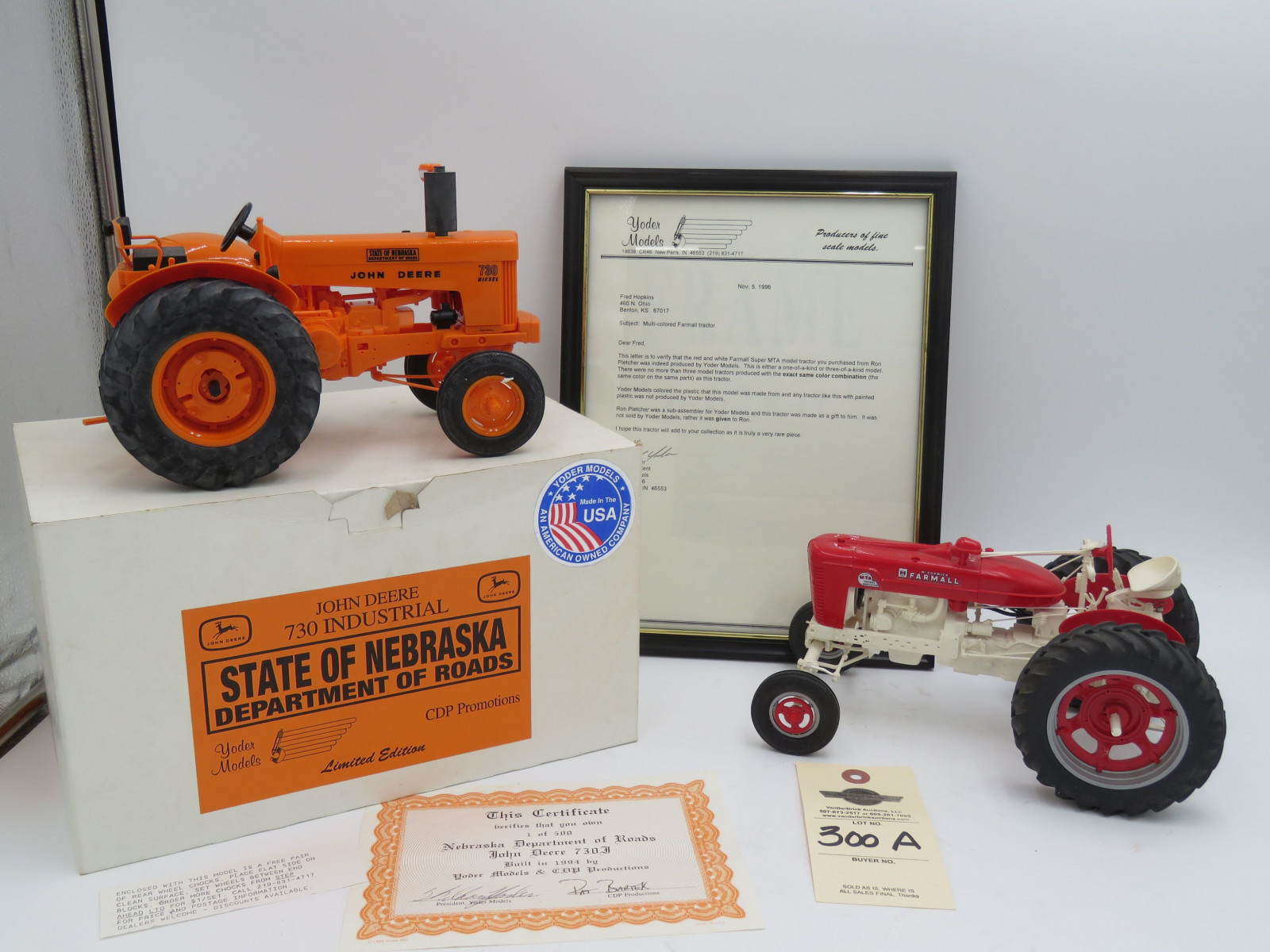 RARE Yoder Multi-Colored Farmall with Letter of Certification NIB  and Yoder State of Nebraska Department of roads John Deere 730 Industrial IN Opened Box - Image 1