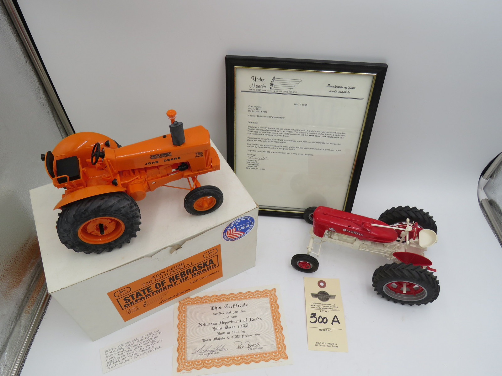 RARE Yoder Multi-Colored Farmall with Letter of Certification NIB  and Yoder State of Nebraska Department of roads John Deere 730 Industrial IN Opened Box - Image 2