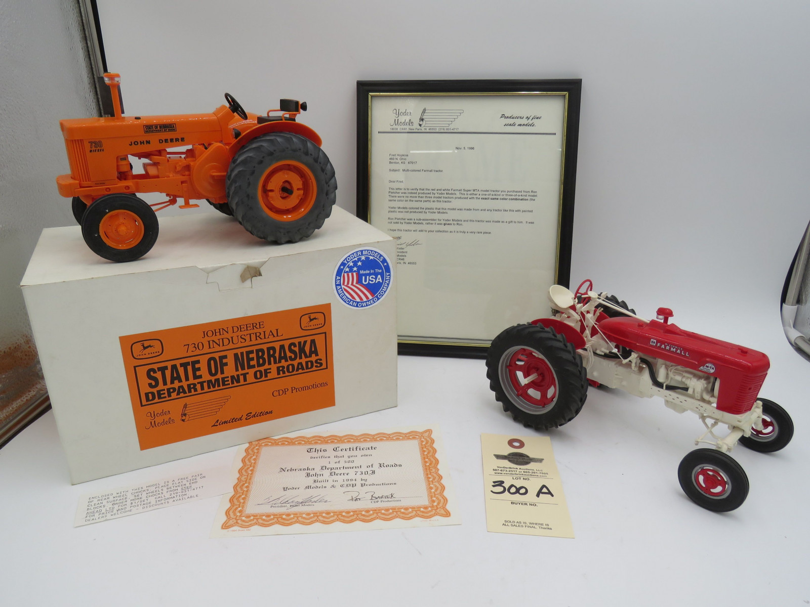RARE Yoder Multi-Colored Farmall with Letter of Certification NIB  and Yoder State of Nebraska Department of roads John Deere 730 Industrial IN Opened Box - Image 3