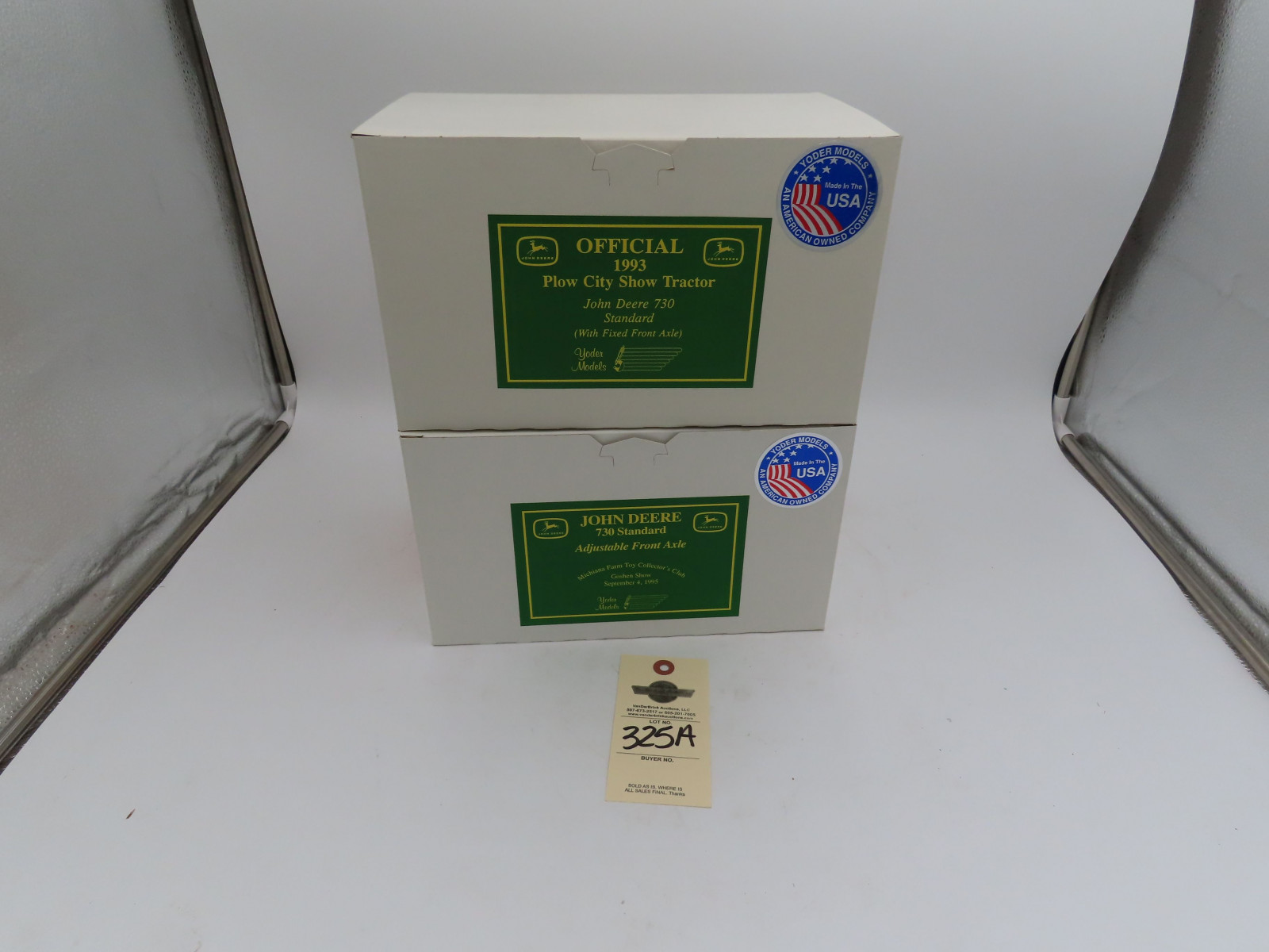 Group of 2 Yoder Tractors- 1 Official 1993 Plow City Show Tractor NIB and Yoder John Deere 730 Standard Adjustable Front Axle NIB - Image 1