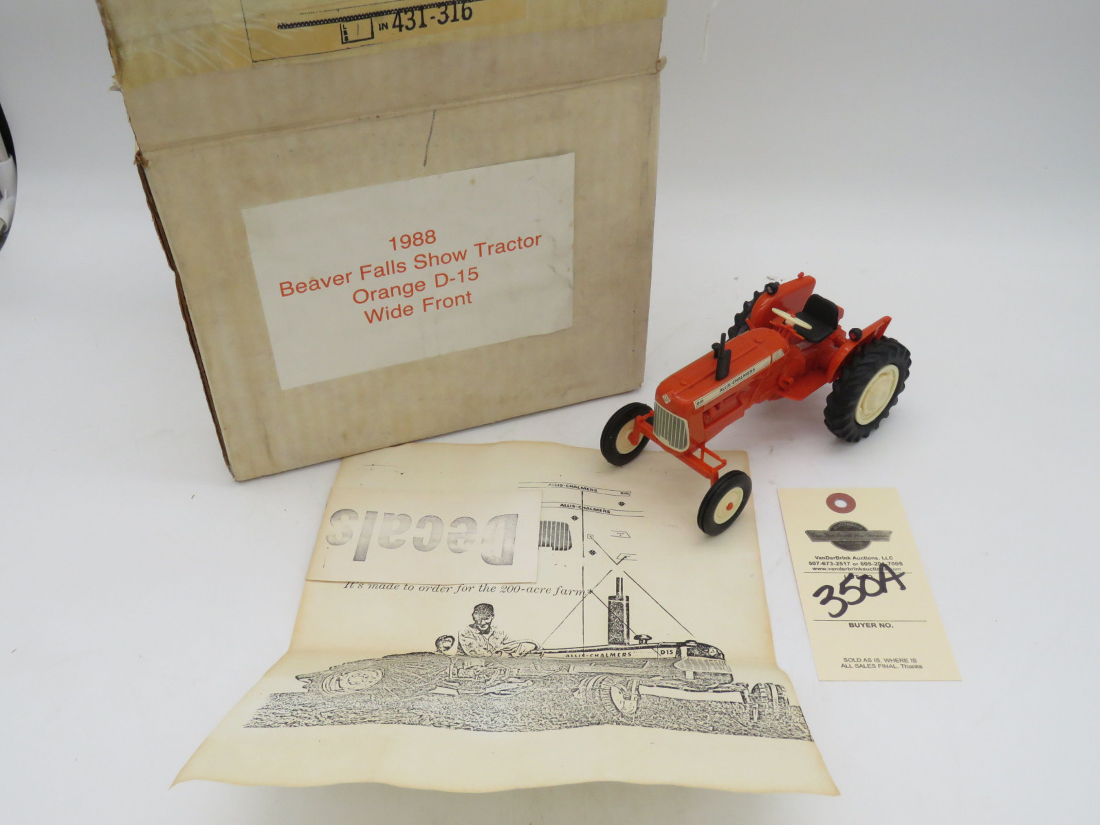 1988 Beaver Falls Show Tractor Orange D-15 Wide Front Tractor by Yoder No Box - Image 1