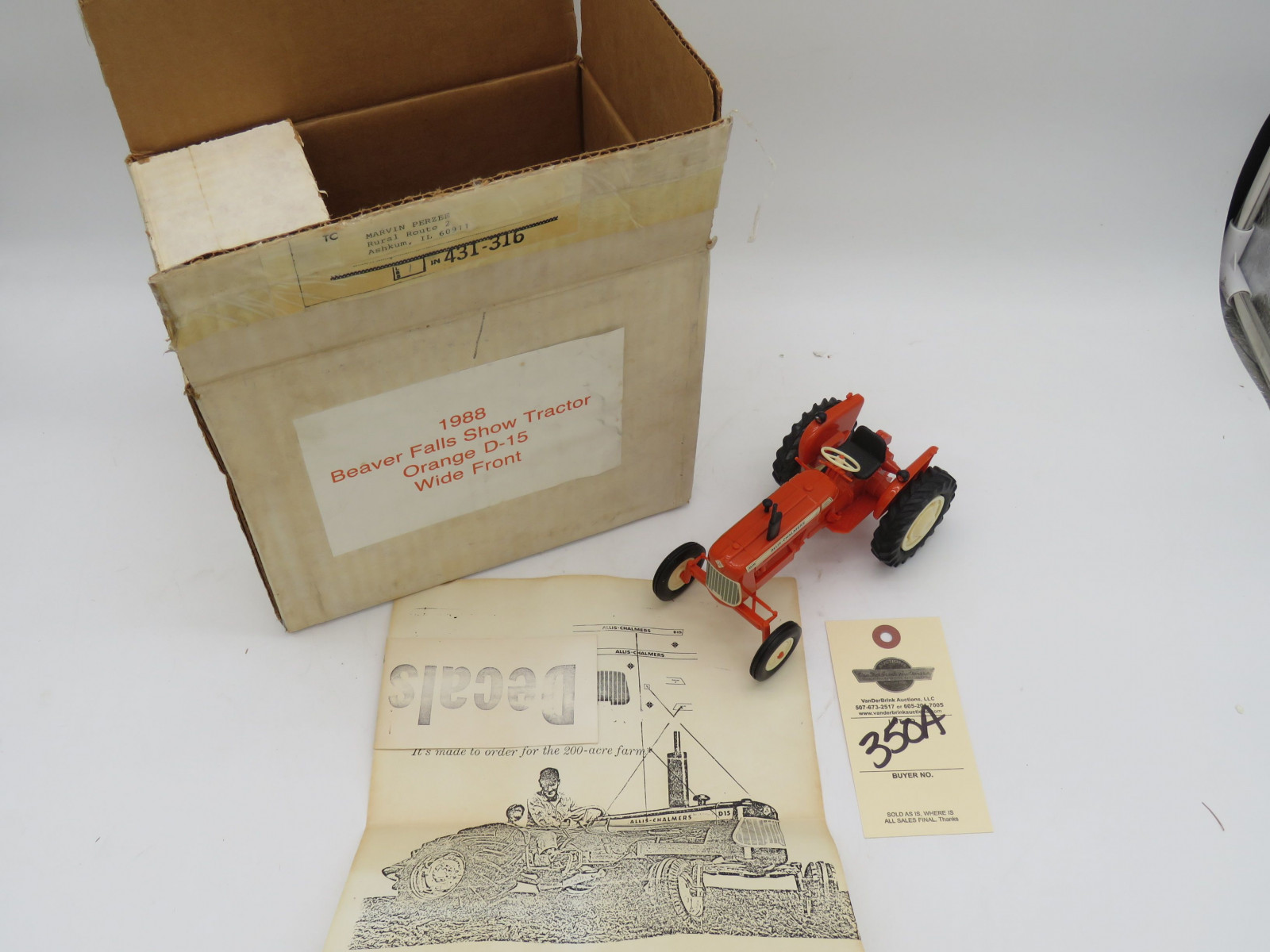 1988 Beaver Falls Show Tractor Orange D-15 Wide Front Tractor by Yoder No Box - Image 2