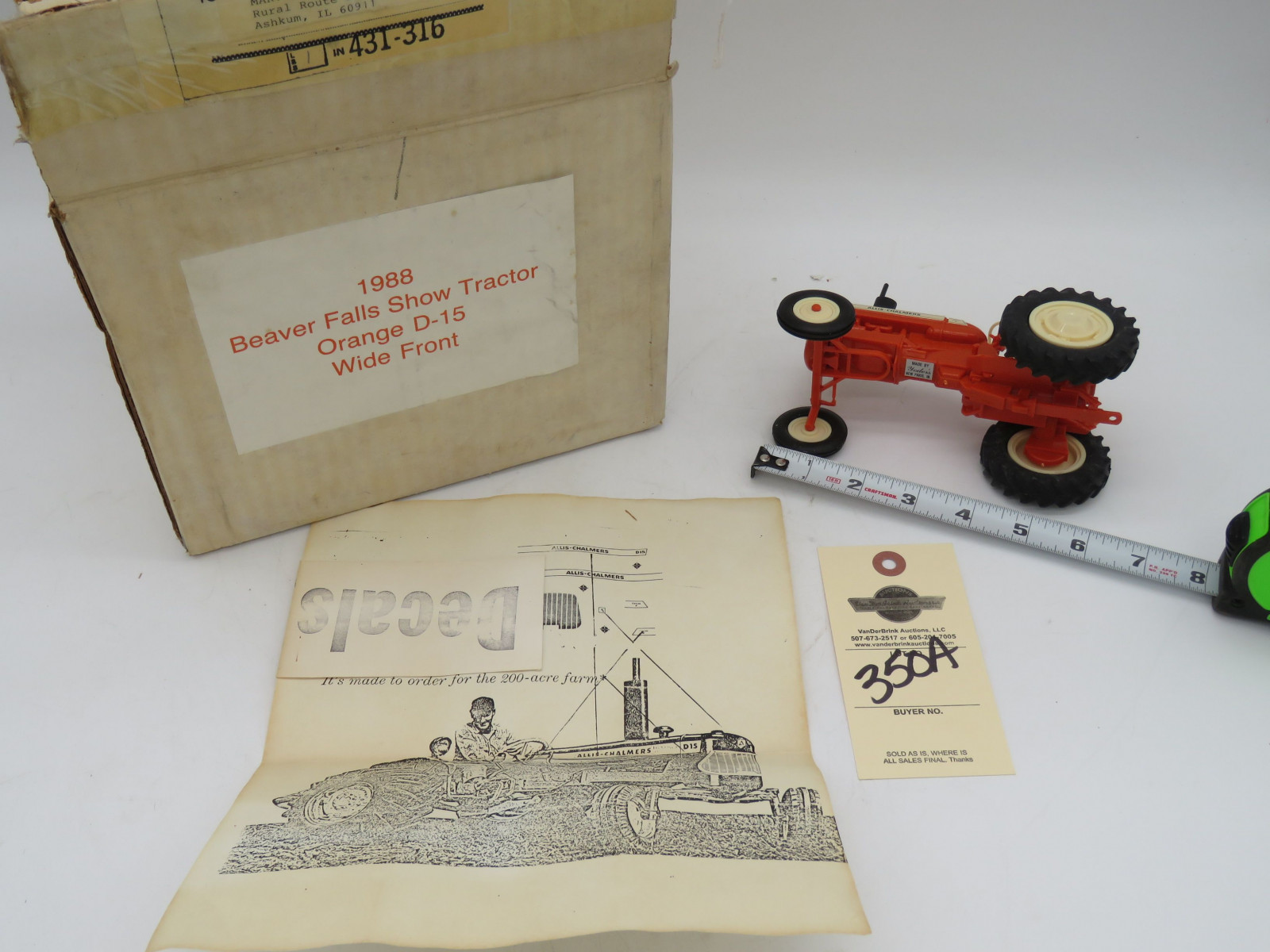 1988 Beaver Falls Show Tractor Orange D-15 Wide Front Tractor by Yoder No Box - Image 3