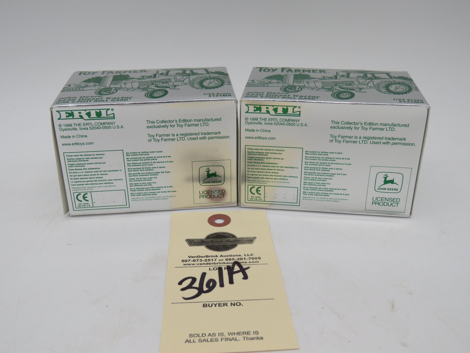 Toy Farmer 1/43nd Scale John Deere 4230 diesel Tractors with 4 post Gard by Ertl NIB Group of 2 - Image 2