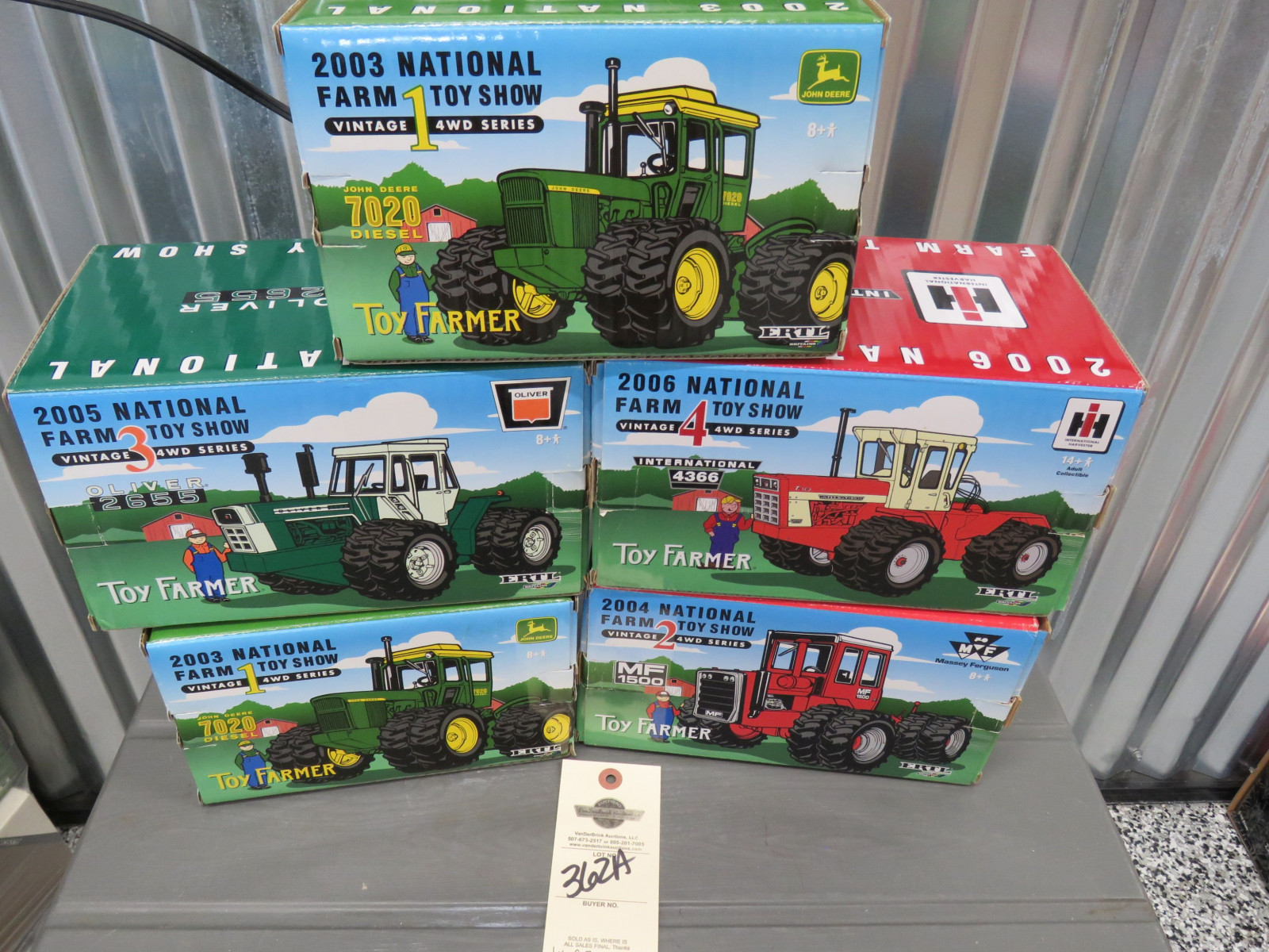 Toy Farmer by Ertl  Group of Vintage 4WD Series Tractors consisting of 2-2003 John deere 7020 Diesel both NIB, 2004 2 massey Ferguson 1500 4WD Tractor, 2005 Vintage 4WD Series Oliver 2655, and 2006 Vintage 4 International 4366 Tractor all NIB and 1/32nd Scale- Series - Image 2