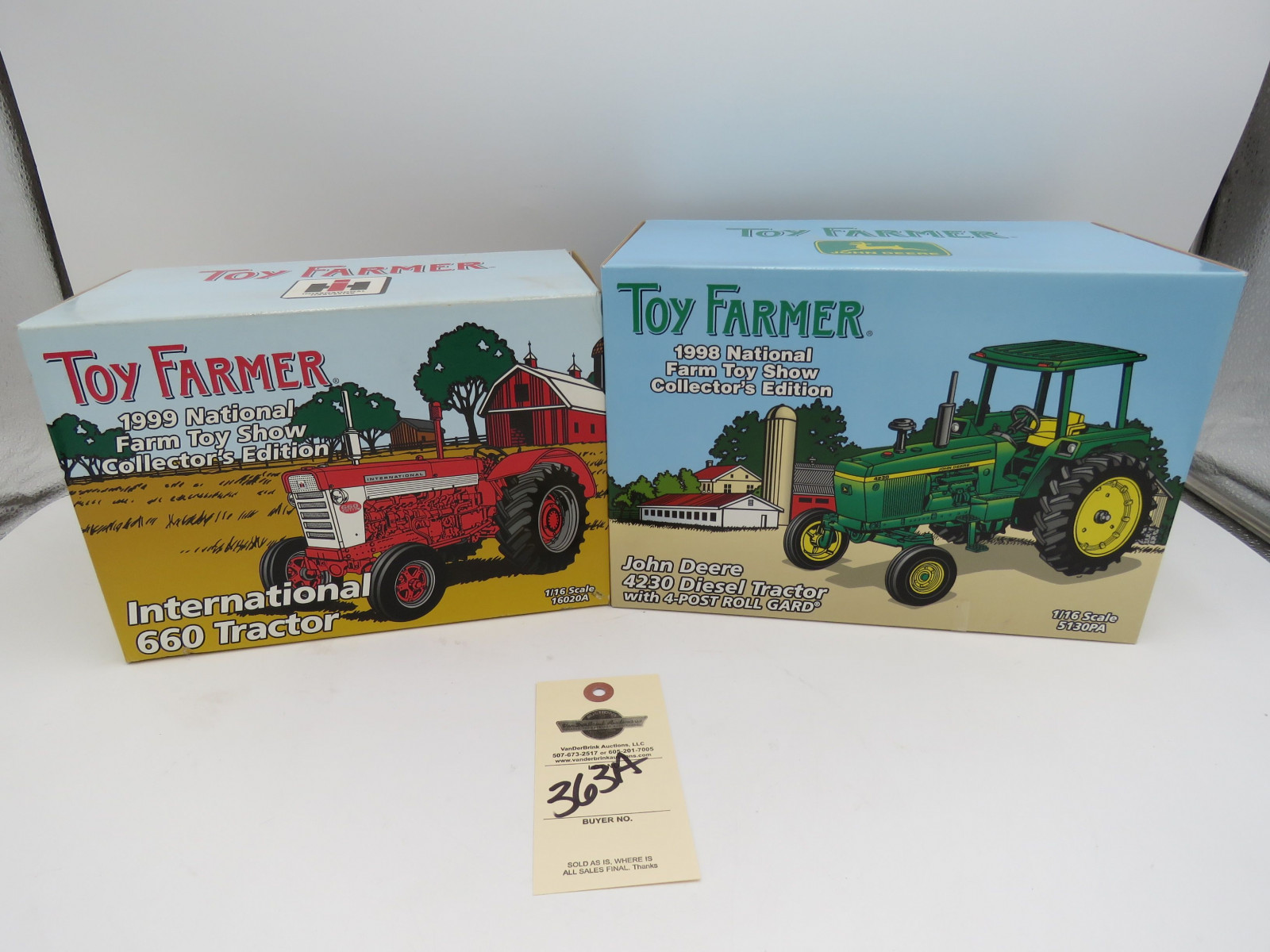 Toy Farmer by Ertl 1998 and 1999 National Farm Toy Show Collector's Edition International 660 Tractor and Toy Farmer John Deere 4230 Diesel Tractor with 4 post roll Garb both NIB 1/16th Scale - Image 1
